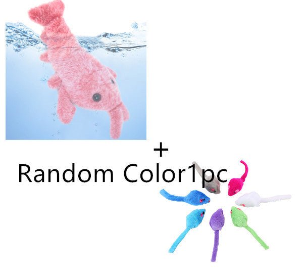 Pink plush shrimp toy floating in water with colorful fish-shaped toys nearby.