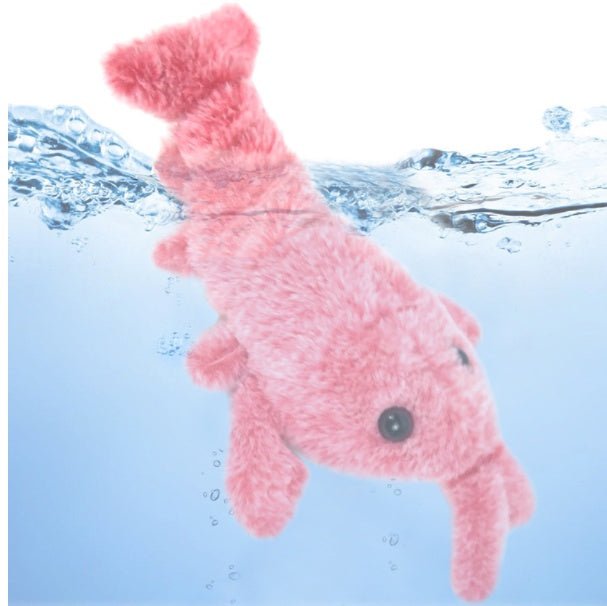 Pink plush shrimp toy floating in water with bubbles.