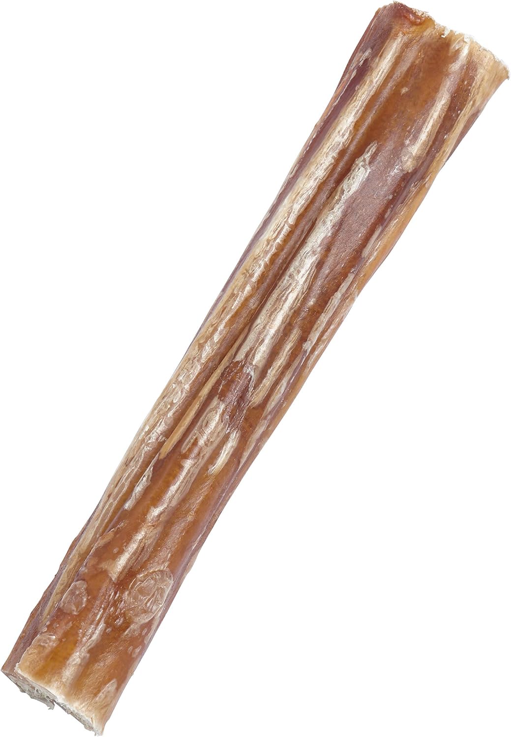 A single brown, textured dog chew stick against a white background.