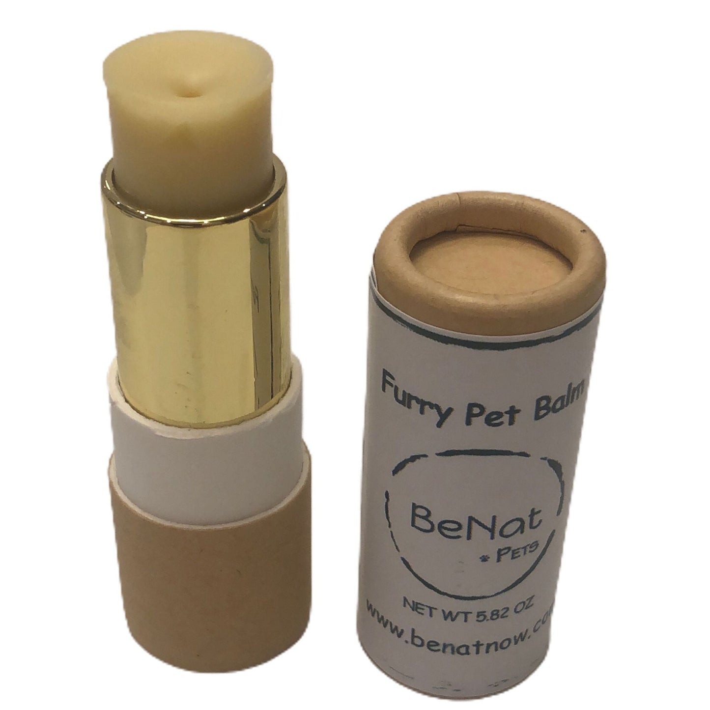 Furry Pet Balm stick with gold cap and cardboard tube packaging.
