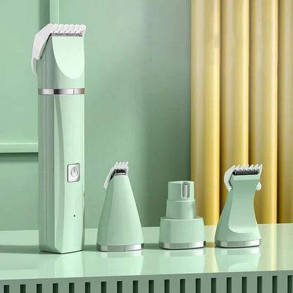 Green electric hair clipper with multiple attachments on a shelf.