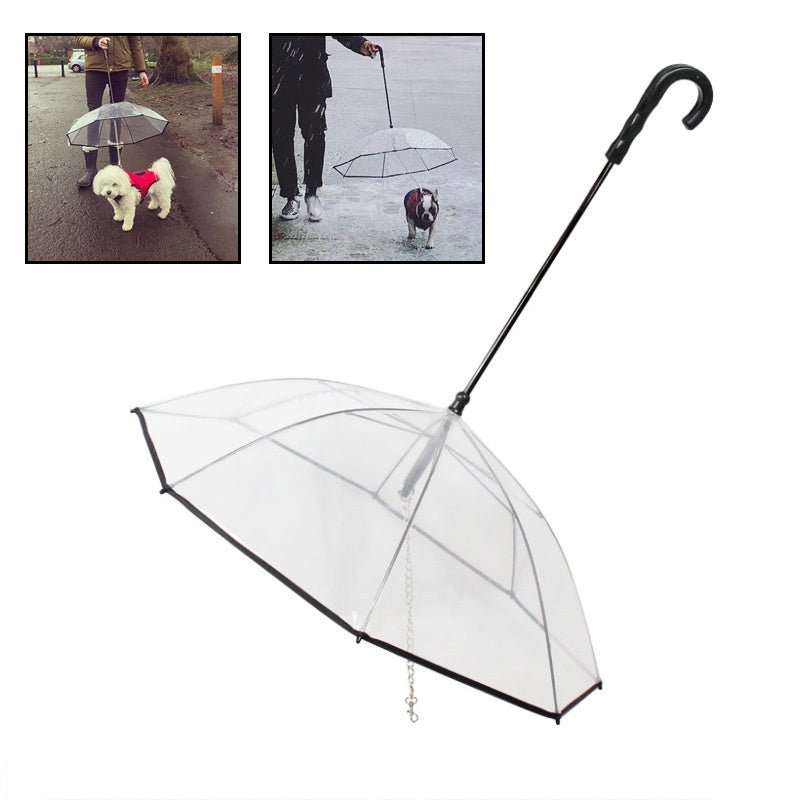 Transparent dome-shaped umbrella with black handle and wrist strap, shown in use.
